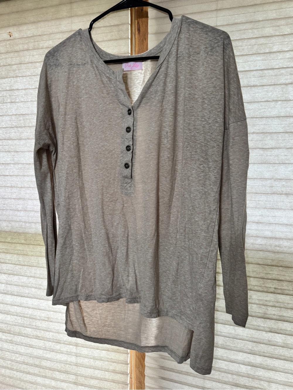 Pink Lily Gray Long Sleeve Henley Top